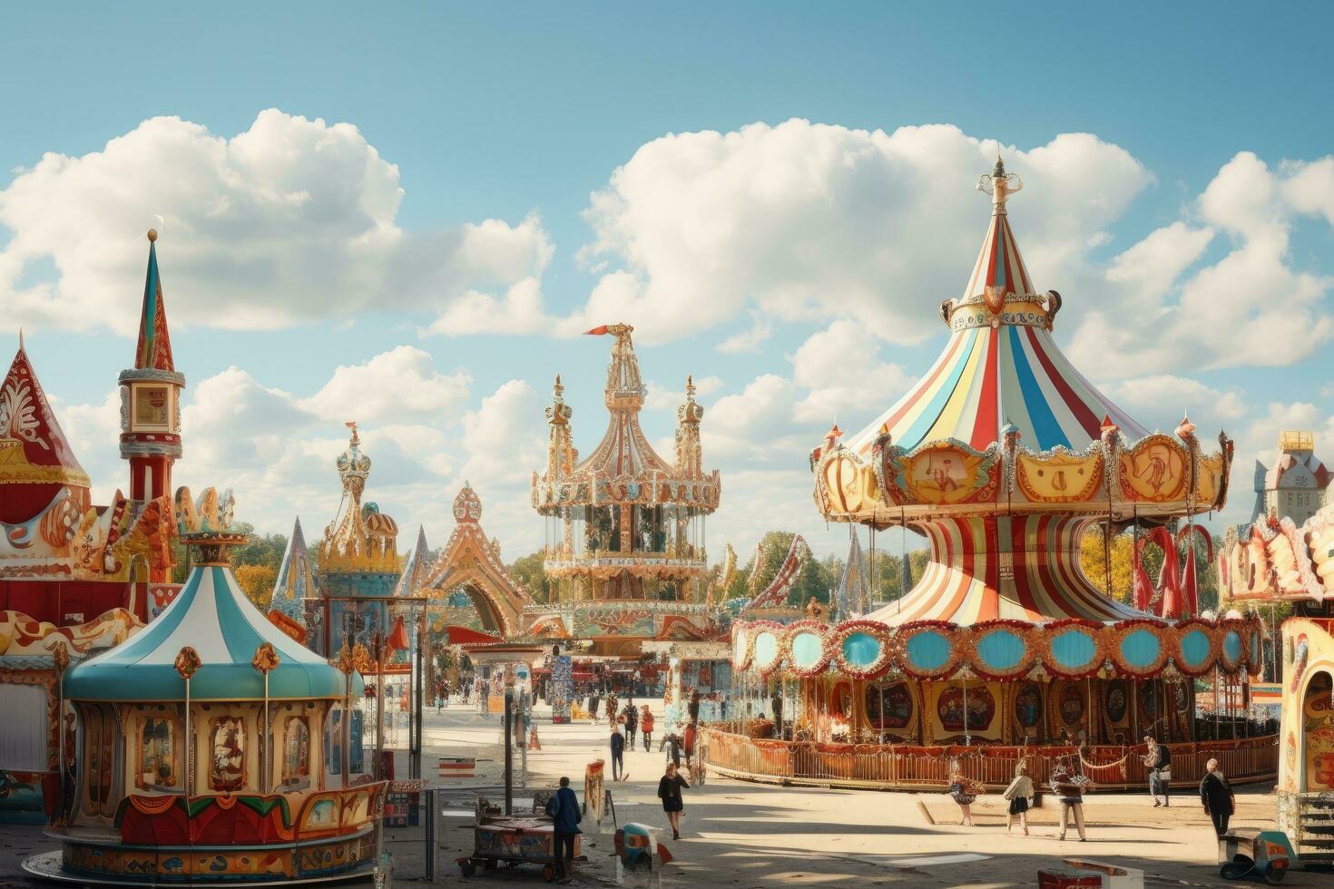 oidentifierad människor på de bakgrund av nöje parkera i Moskva. öltält och fairground rider på de oktoberfest i munich , ai genererad foto