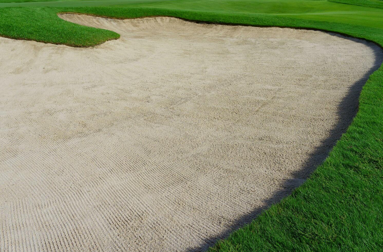 golf kurs sand grop bunkrar, grön gräs omgivande de skön sand hål är ett av de mest utmanande hinder för golfare och lägger till till de skönhet av de golf kurs. foto