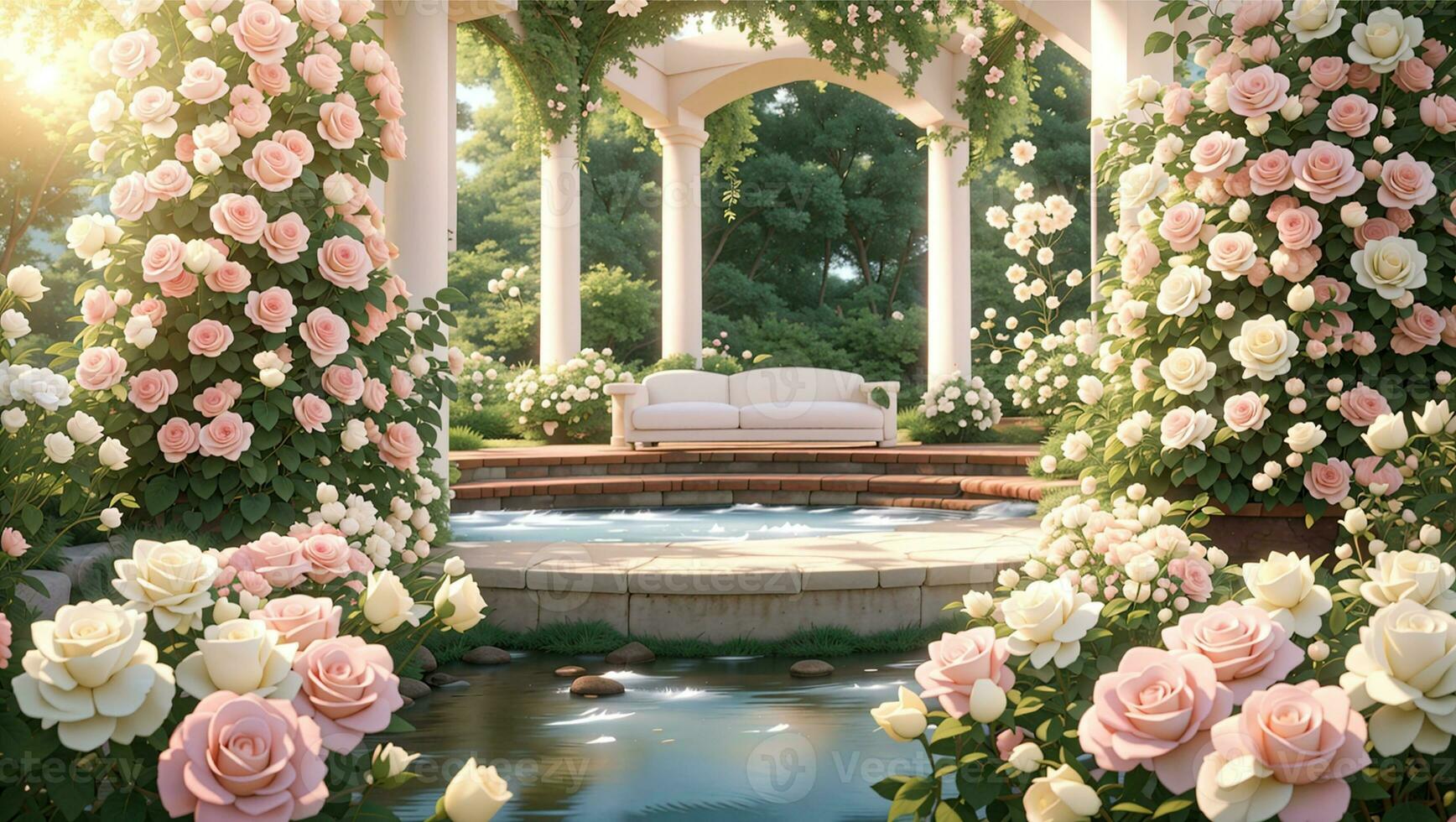 romantisk reste sig trädgård med lusthus och damm bakgrund foto