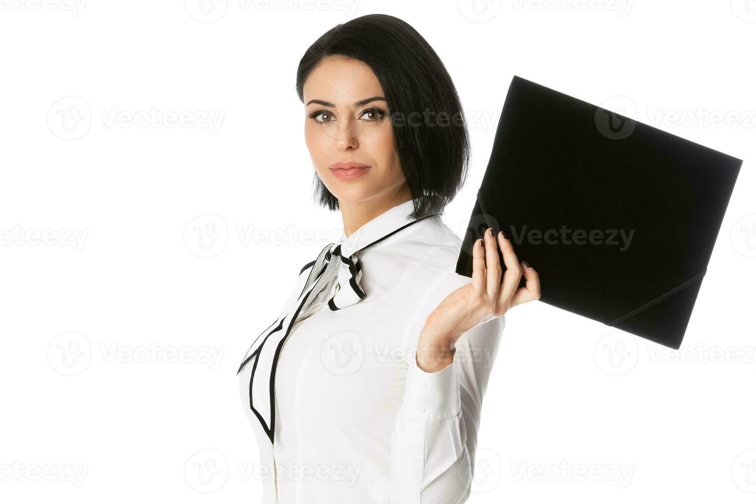 företag kvinna med svart mapp, isolerat på vit. begrepp av ledarskap och Framgång foto