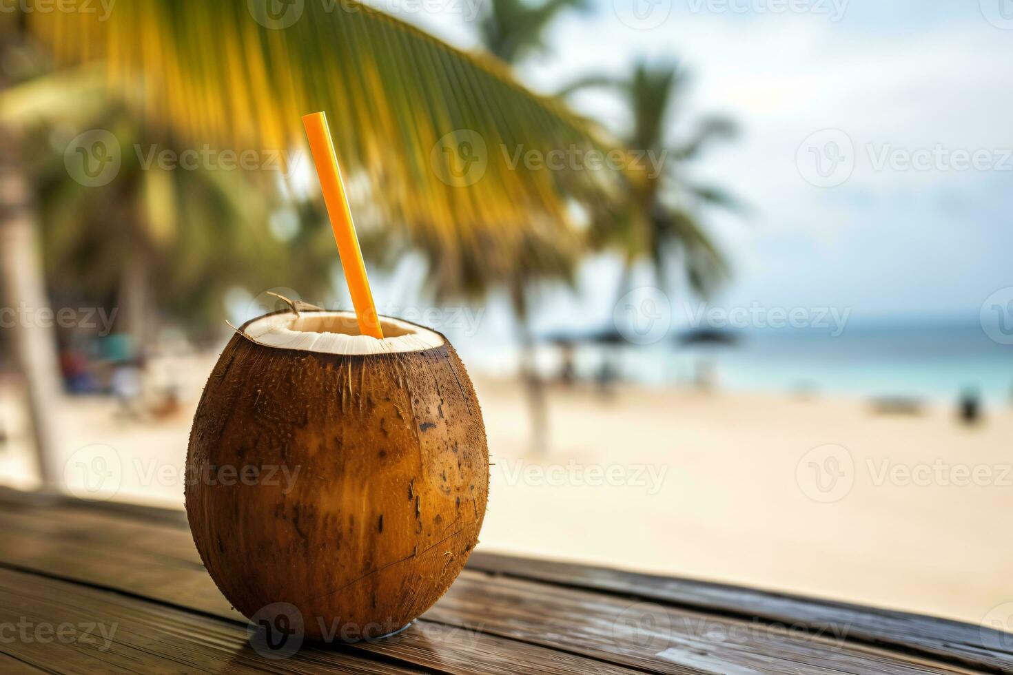 fri Foto kokos cocktail med dricka sugrör på en handflatan träd i de strand fotografi ai generera