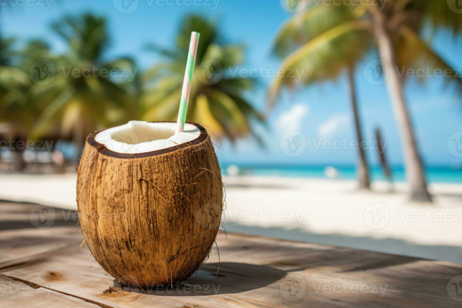 fri Foto kokos cocktail med dricka sugrör på en handflatan träd i de strand fotografi ai generera