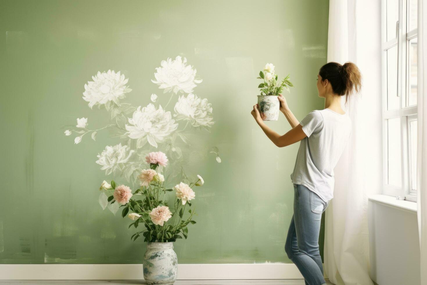 skön kvinna och vas av blommor i en rum med ljus grön tapet. foto