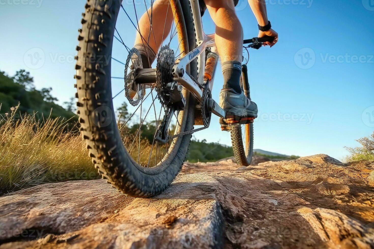 berg cykel på klippig spår - ai generativ foto
