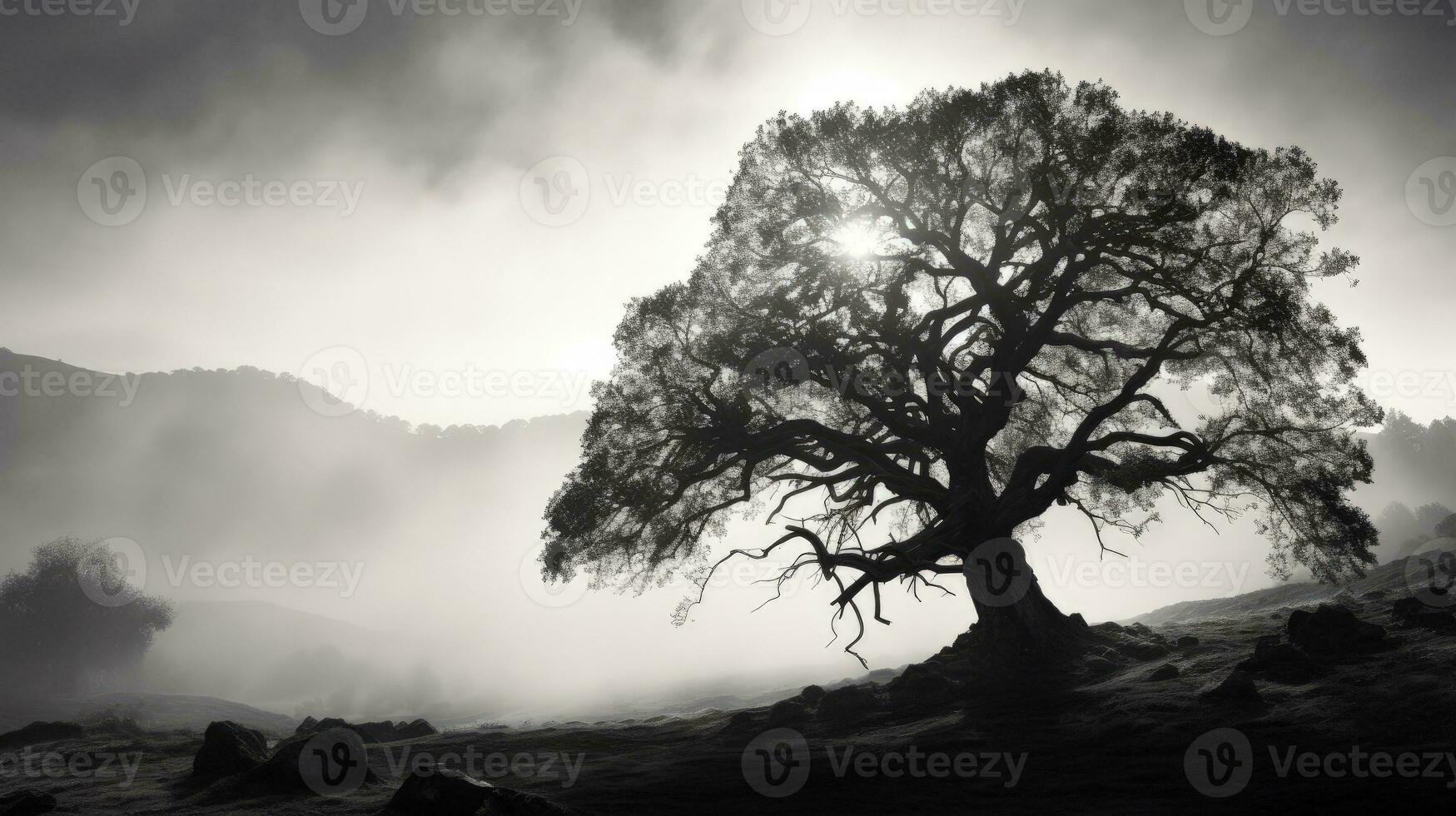 svartvit bild av en enorm ek träd på en dimmig kalifornien backe på soluppgång. silhuett begrepp foto