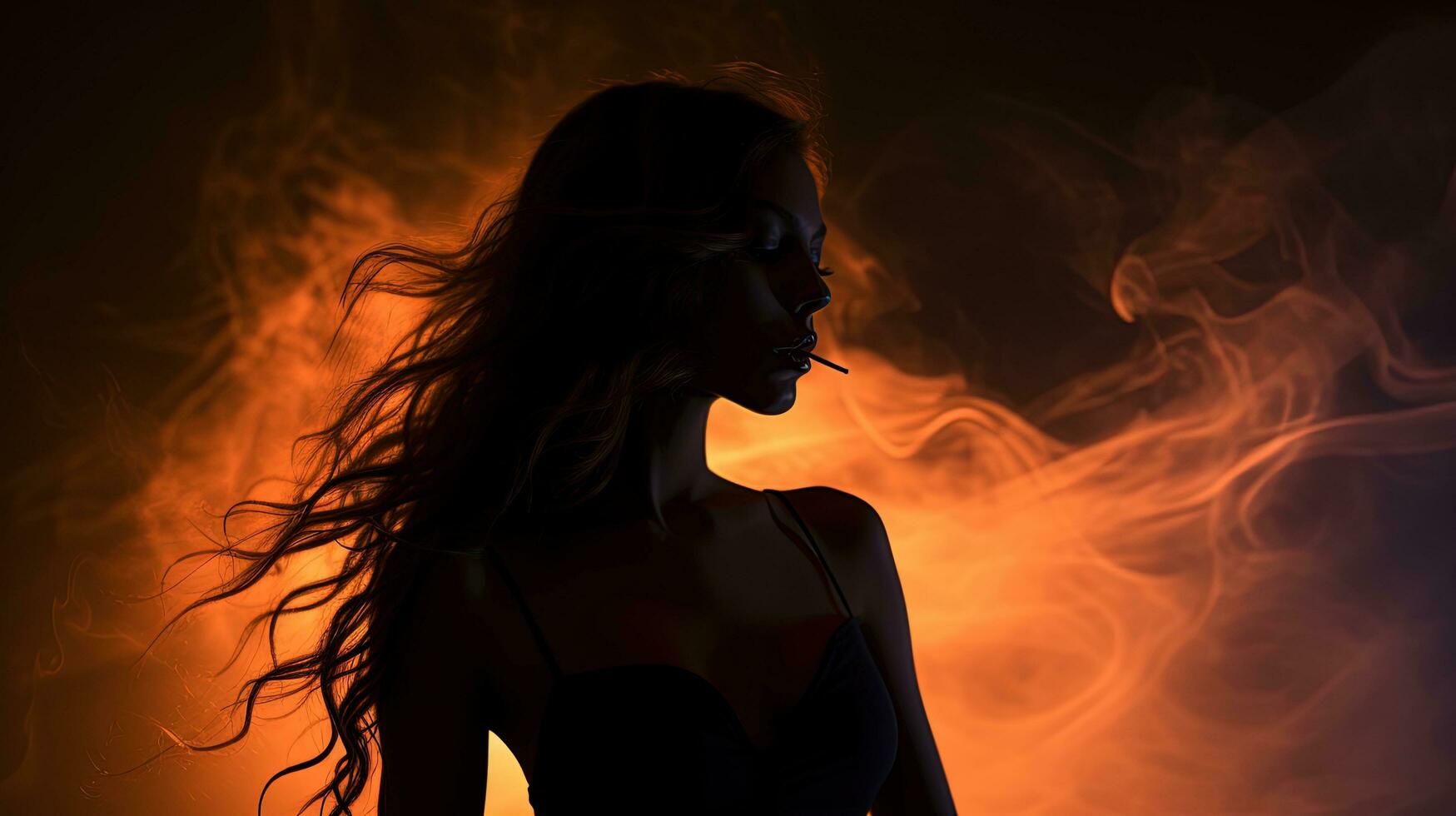 en fantastisk kvinna silhuett med lång hår upplyst förbi en blixt i de mörk är porträtterad i både full ansikte och profil med en rökig bakgrund foto