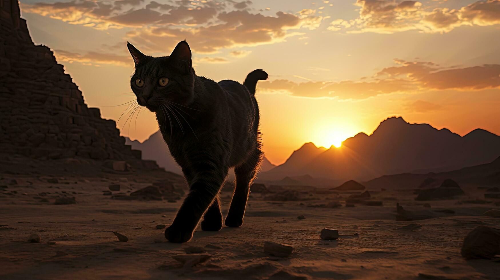 en katt promenader förbi de berg av moses i egypten. silhuett begrepp foto