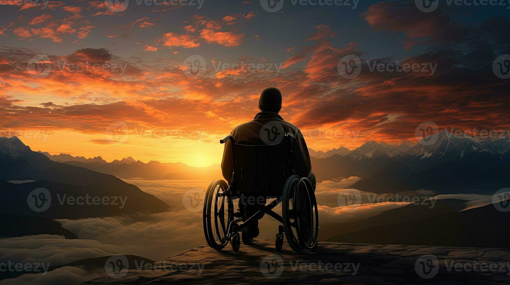 rullstol användare njuter solnedgång på naturskön berg. silhuett begrepp foto