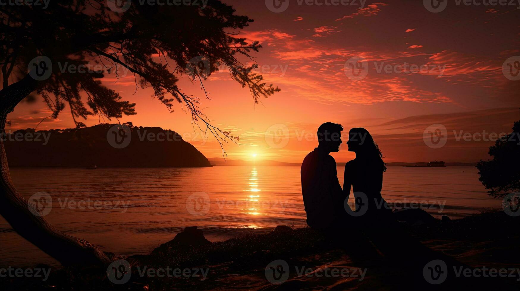 strand solnedgång skapar romantisk silhuett av par foto