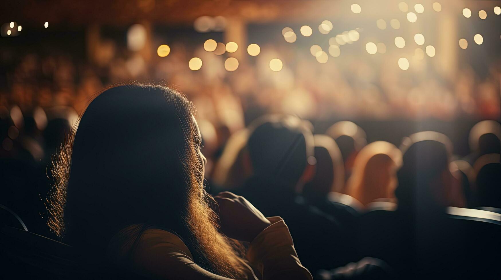 publik i de teater tittar på konsert ut av fokus. silhuett begrepp foto