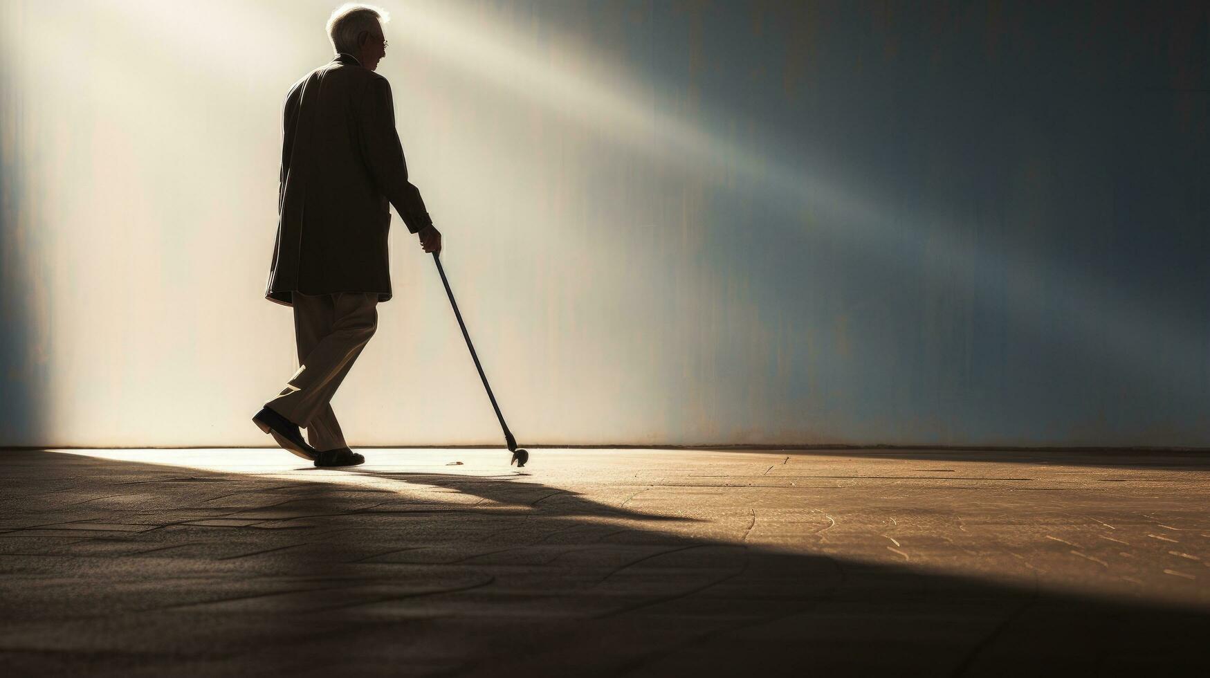 äldre person med en sockerrör skuggor på de väg symboliserar gammal ålder och ryggrad gemensam åkommor. silhuett begrepp foto
