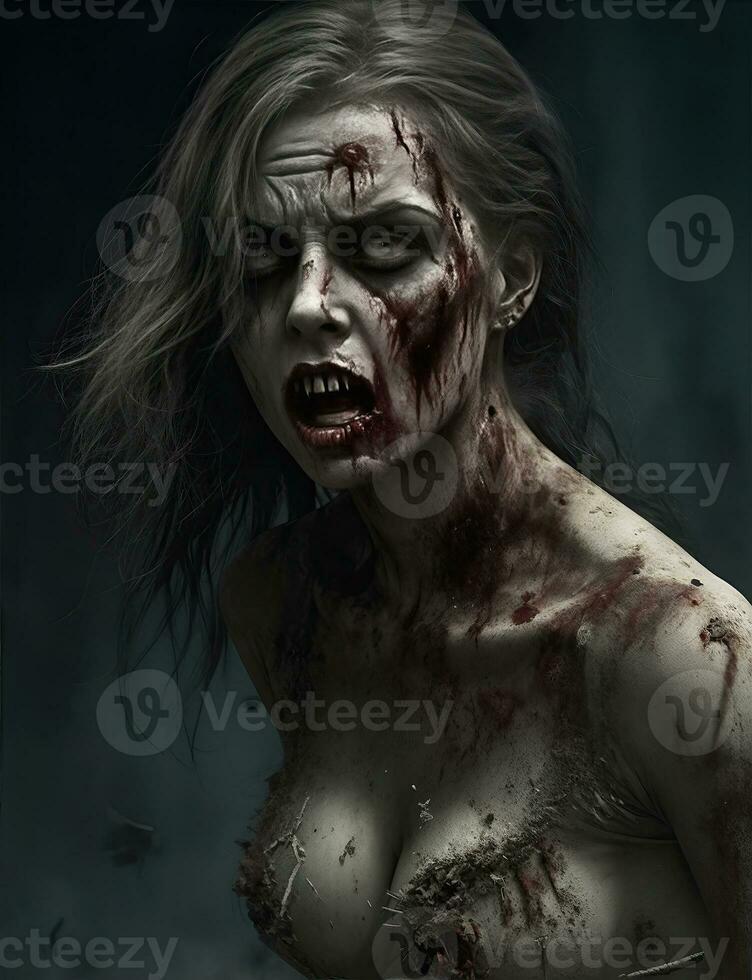 scarry zombie med blodig ansikte utomhus, närbild. halloween monster foto