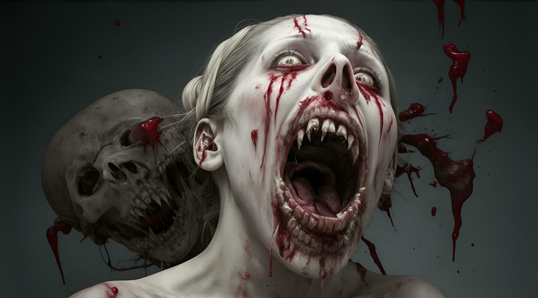 scarry zombie med blodig ansikte utomhus, närbild. halloween monster foto