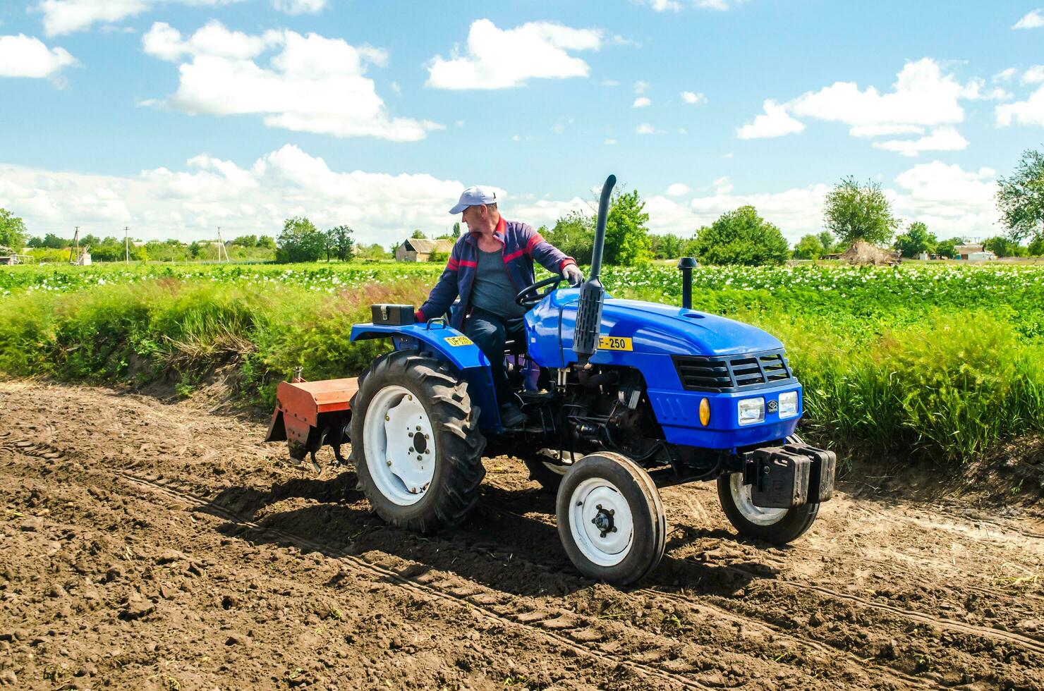 kherson oblast, ukraina - Maj 28, 2020 en jordbrukare med en odling enhet på en traktor rider till odla en fält. jordbruksnäringen och jordbruksindustrin. lossna yta, landa odling. plöjning fält. foto