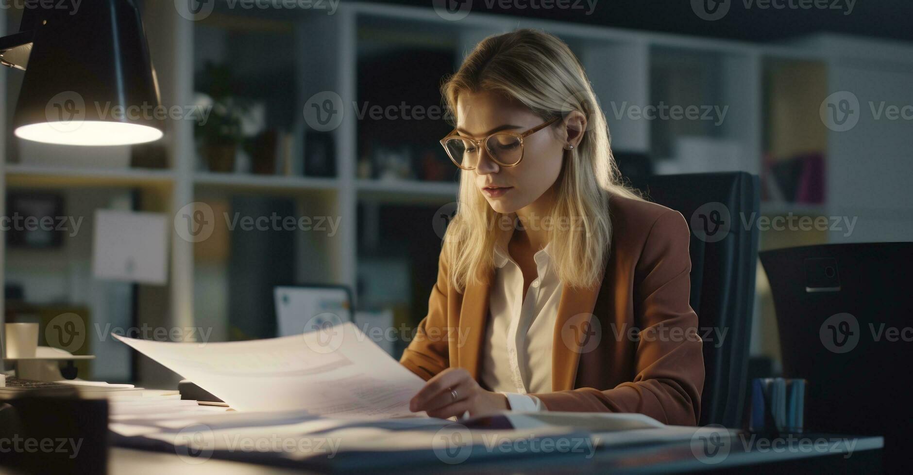ett kontor assistent organisering filer på en dator i en väl upplyst kontor, med dokument och brevpapper på henne skrivbord foto