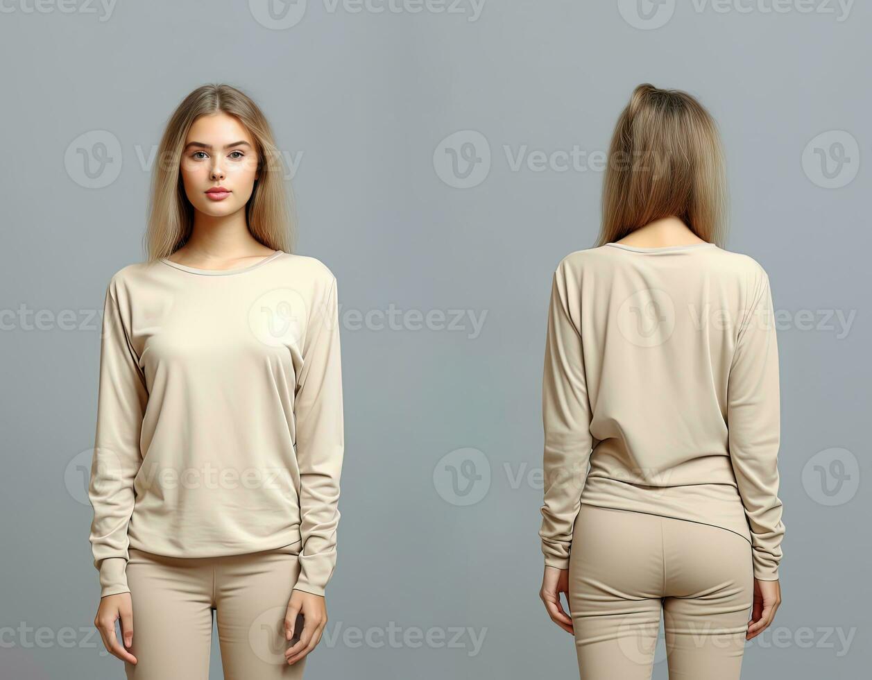 kvinna bär en beige t-shirt med lång ärmar. främre och tillbaka se. ai genererad foto