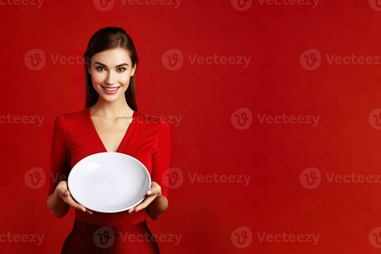 ung skön eleganta kvinna innehav ett tömma tallrik eller maträtt isolerat på röd bakgrund med kopia Plats. ai genererad foto