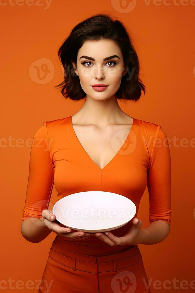 ung skön eleganta kvinna innehav ett tömma tallrik eller maträtt isolerat på orange bakgrund. ai genererad foto