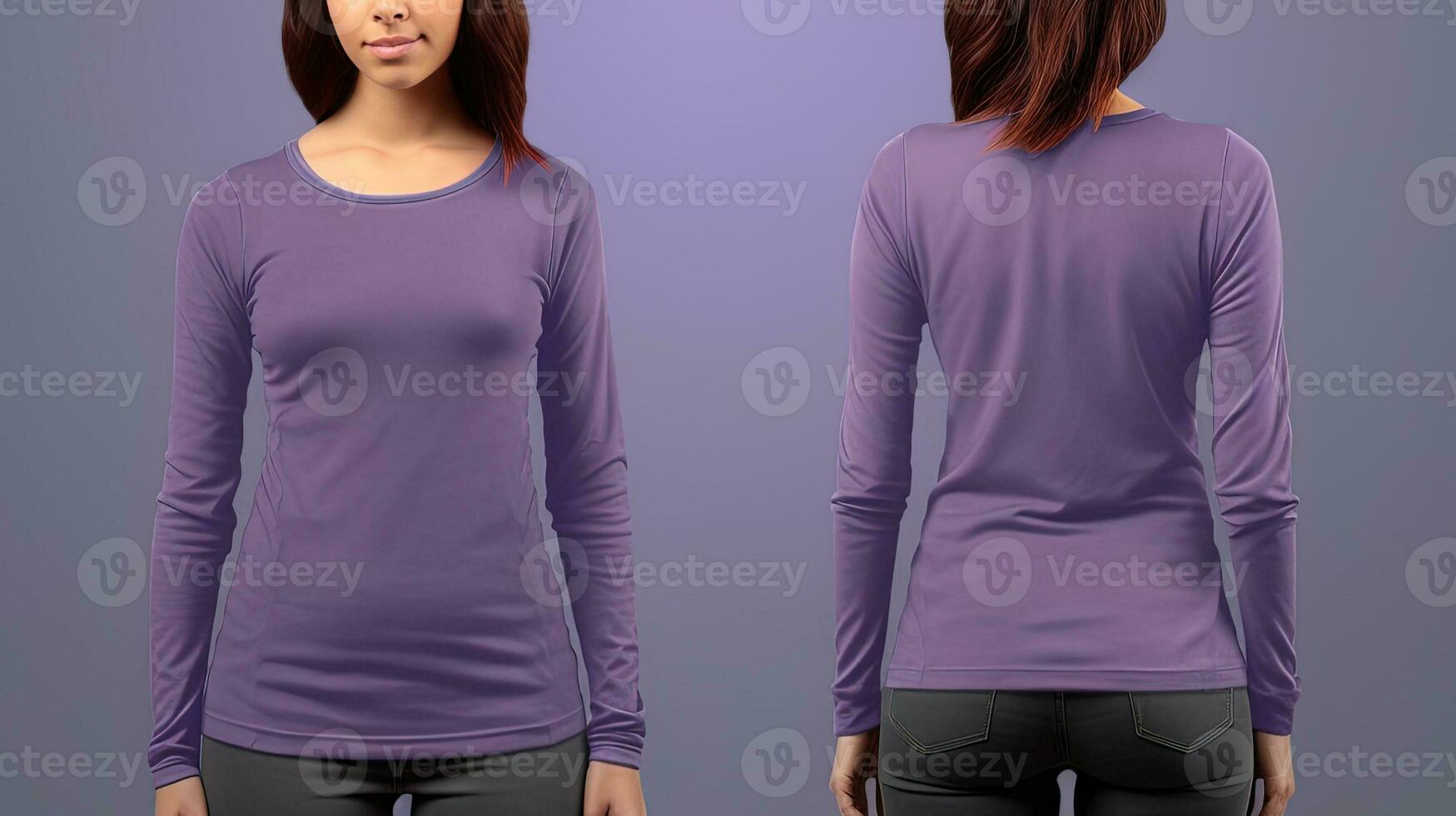 kvinna bär en lila t-shirt med lång ärmar. främre och tillbaka se. ai genererad foto