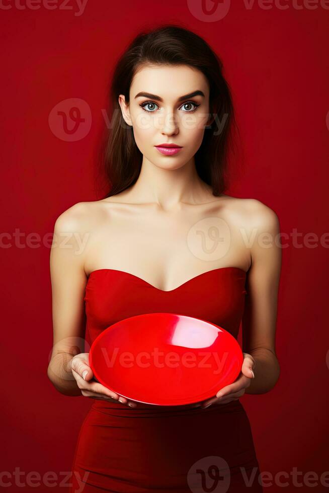ung skön eleganta kvinna innehav ett tömma tallrik eller maträtt isolerat på röd bakgrund. ai genererad foto