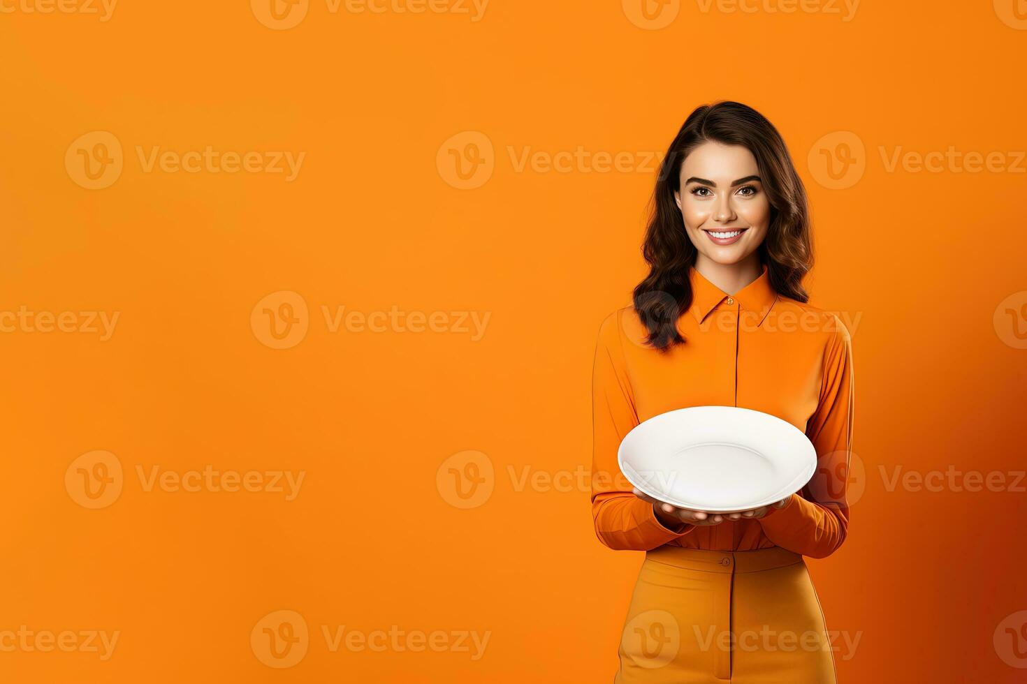 ung skön eleganta kvinna innehav ett tömma tallrik eller maträtt isolerat på orange bakgrund med kopia Plats. ai genererad foto