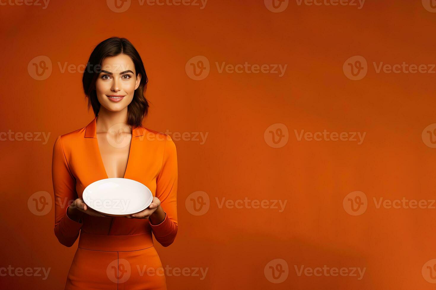 ung skön eleganta kvinna innehav ett tömma tallrik eller maträtt isolerat på orange bakgrund med kopia Plats. ai genererad foto