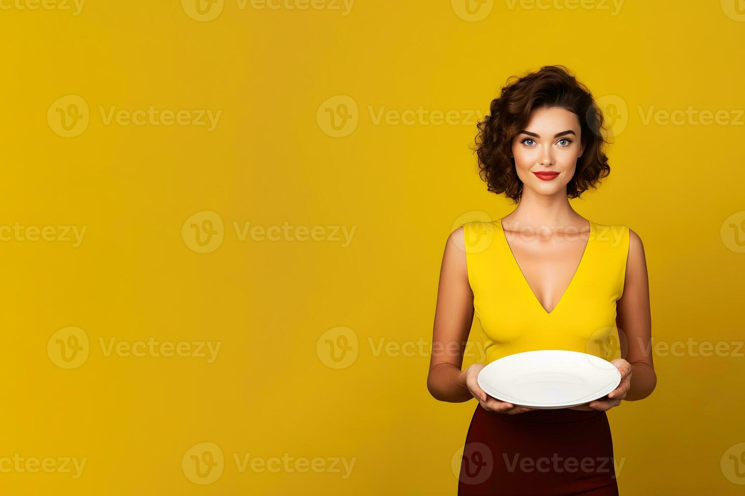ung skön eleganta kvinna innehav ett tömma tallrik eller maträtt isolerat på gul bakgrund med kopia Plats. ai genererad foto