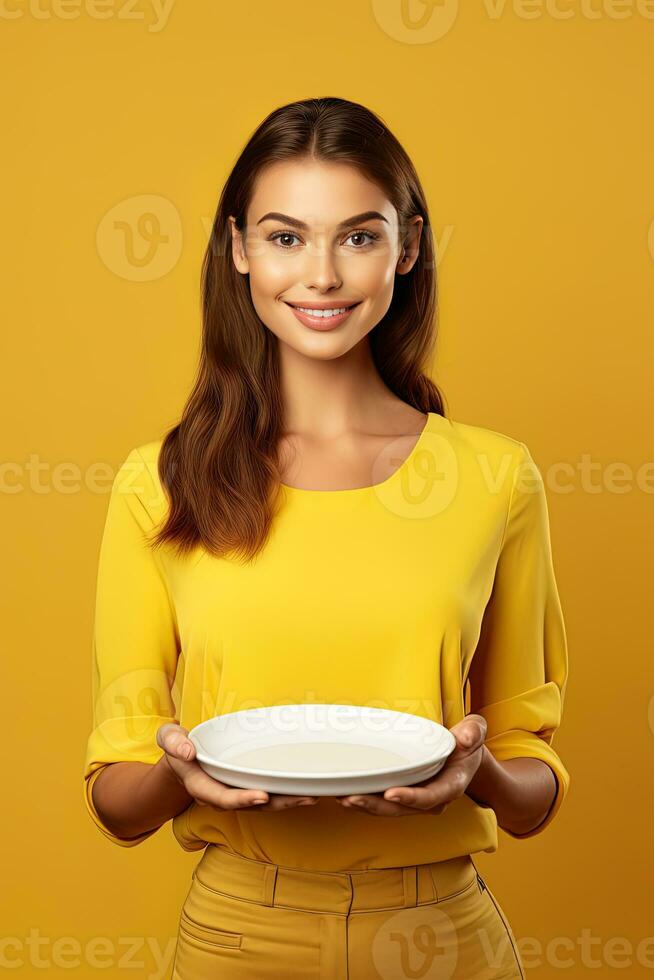 ung skön eleganta kvinna innehav ett tömma tallrik eller maträtt isolerat på gul bakgrund. ai genererad foto
