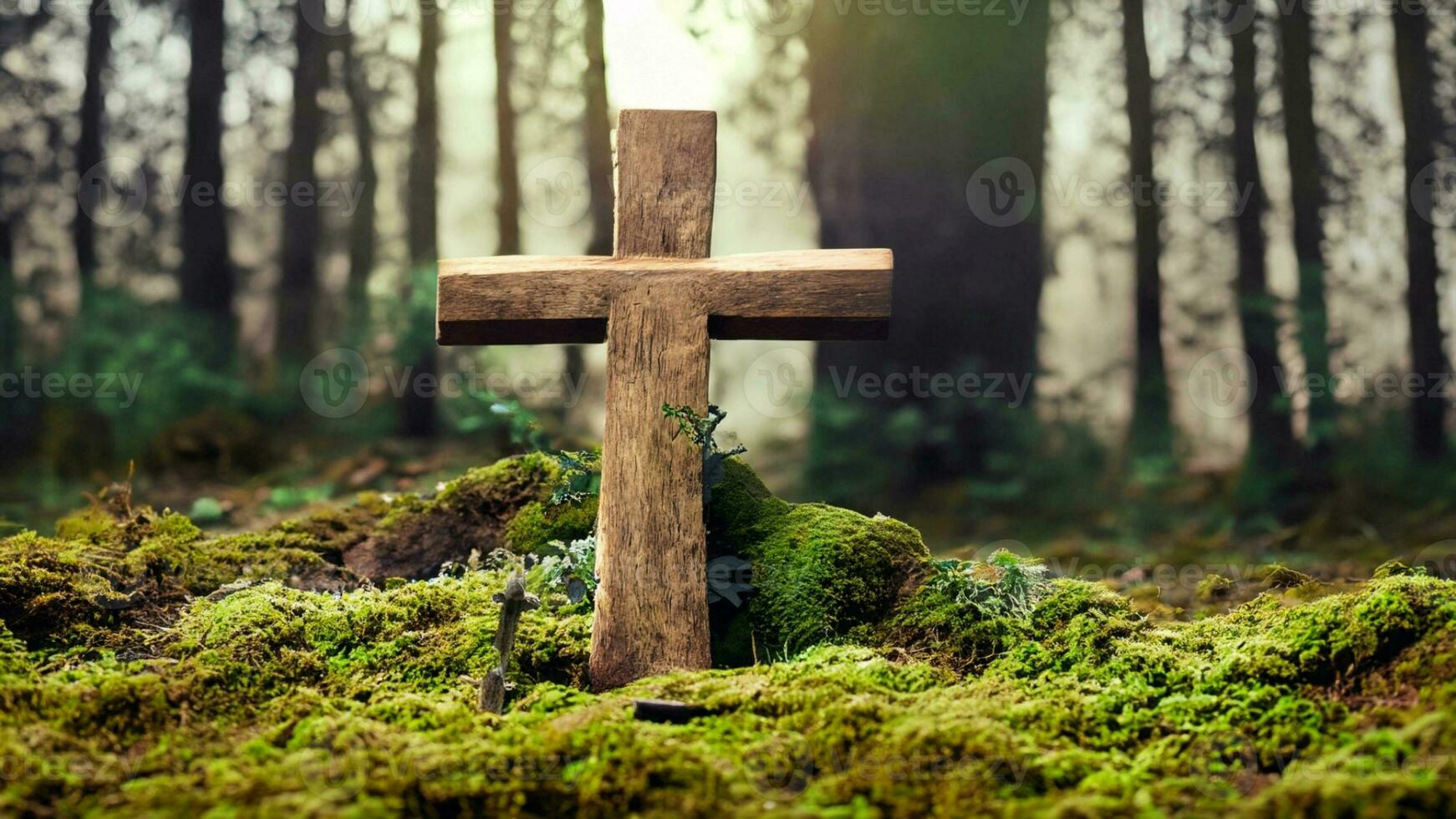 skog gräv kyrkogård, begravning bakgrund - trä- korsa på mossa. naturlig begravning grav i de skogen. ai generativ. foto