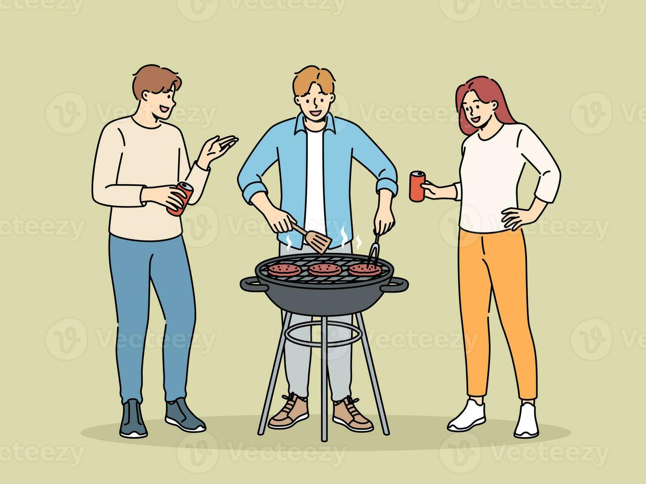 bbq fest med glad vänner dricka öl och grillning kött på grill i parkera eller i bakgård foto