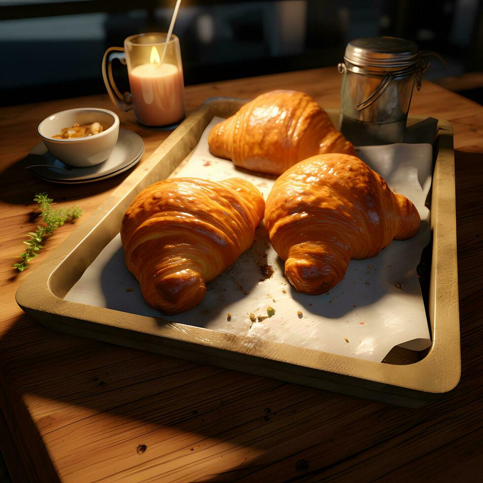 nyligen bakad croissanter på bricka foto