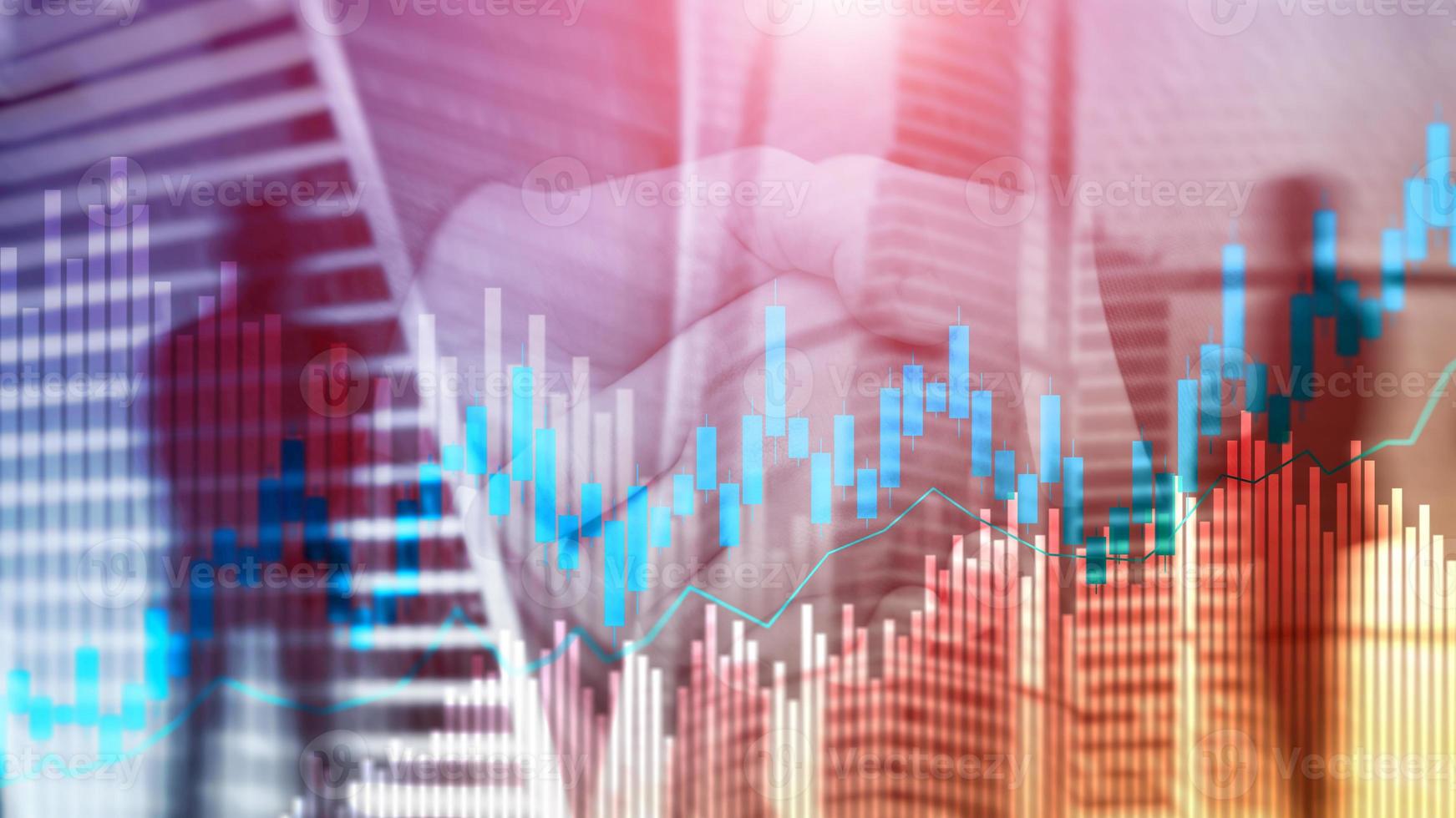 aktiehandel ljusstake diagram och diagram på suddig office center bakgrund. foto