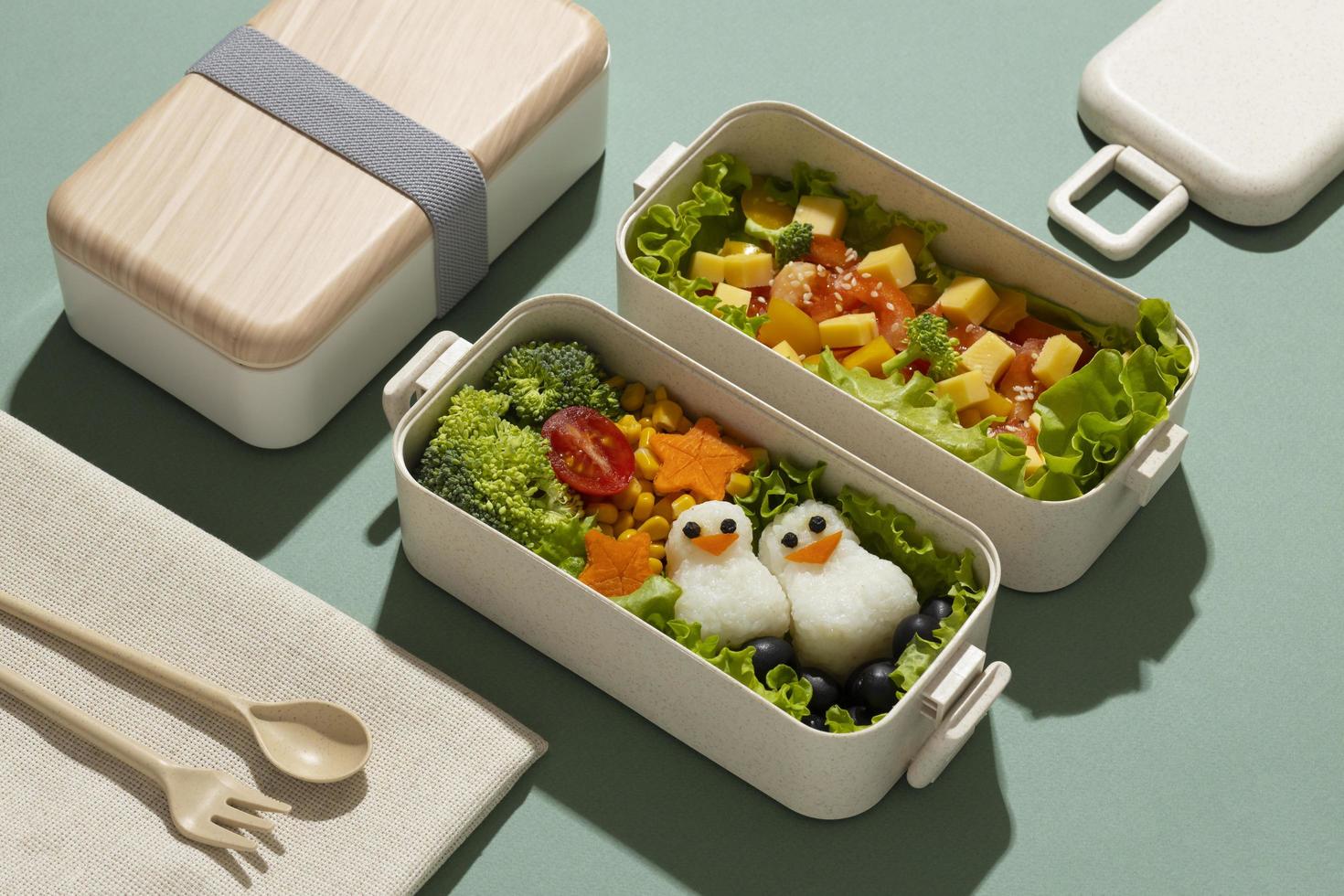 ovanifrån sammansättning mat japansk bento-låda foto