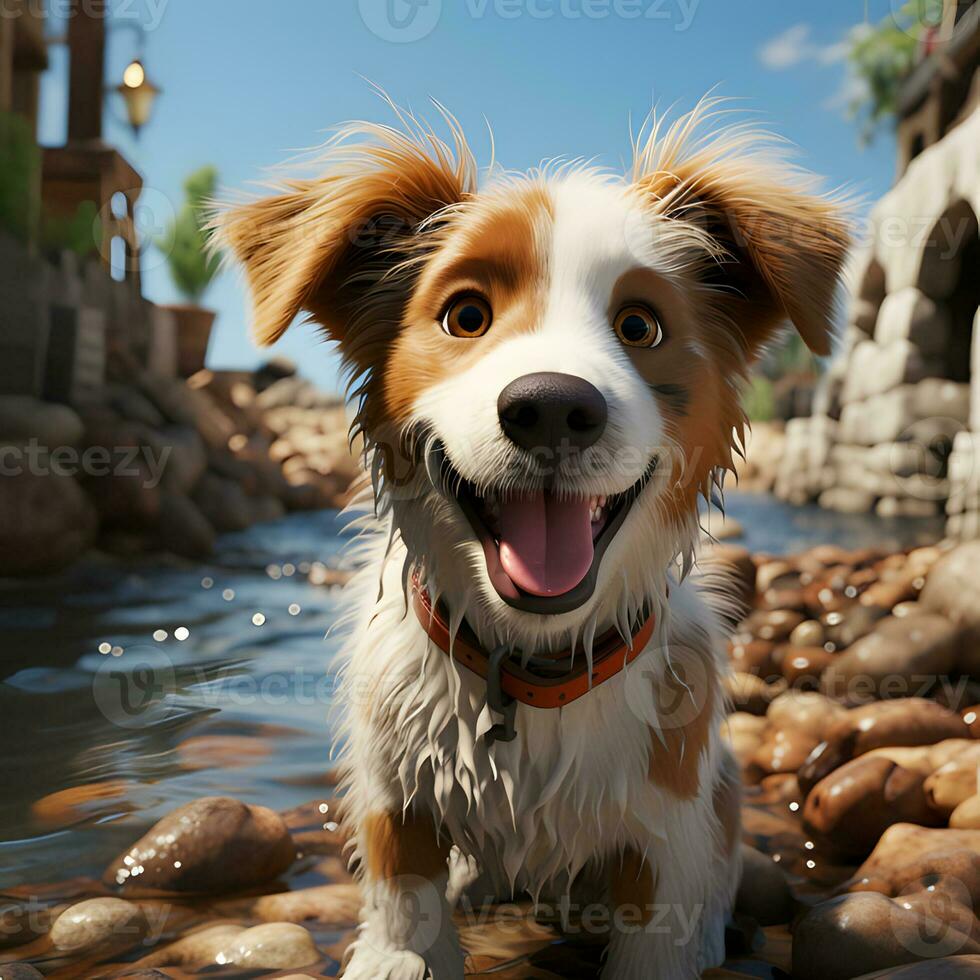 3d framställa av hund utforska de strand foto