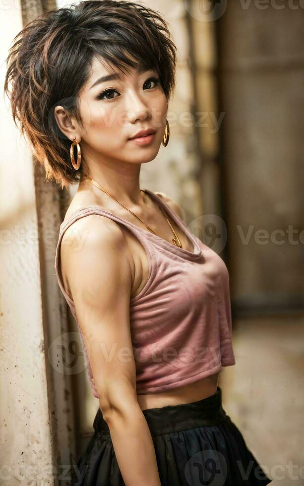 Foto av Tonårs lekfull asiatisk kvinna med Tillbehör och multe frisyr, generativ ai