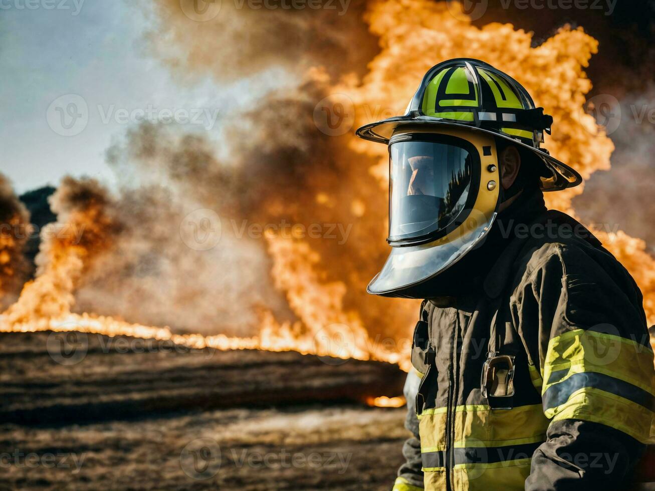 Foto av brandman med stor brand moln och rök i bakgrund, generativ ai