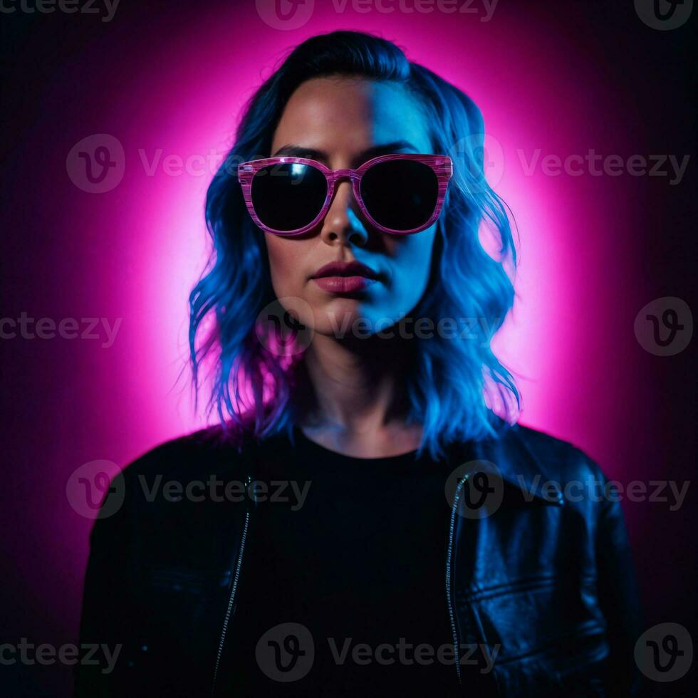 Foto av skön kvinna med med blandad rosa och blå neon ljus, generativ ai