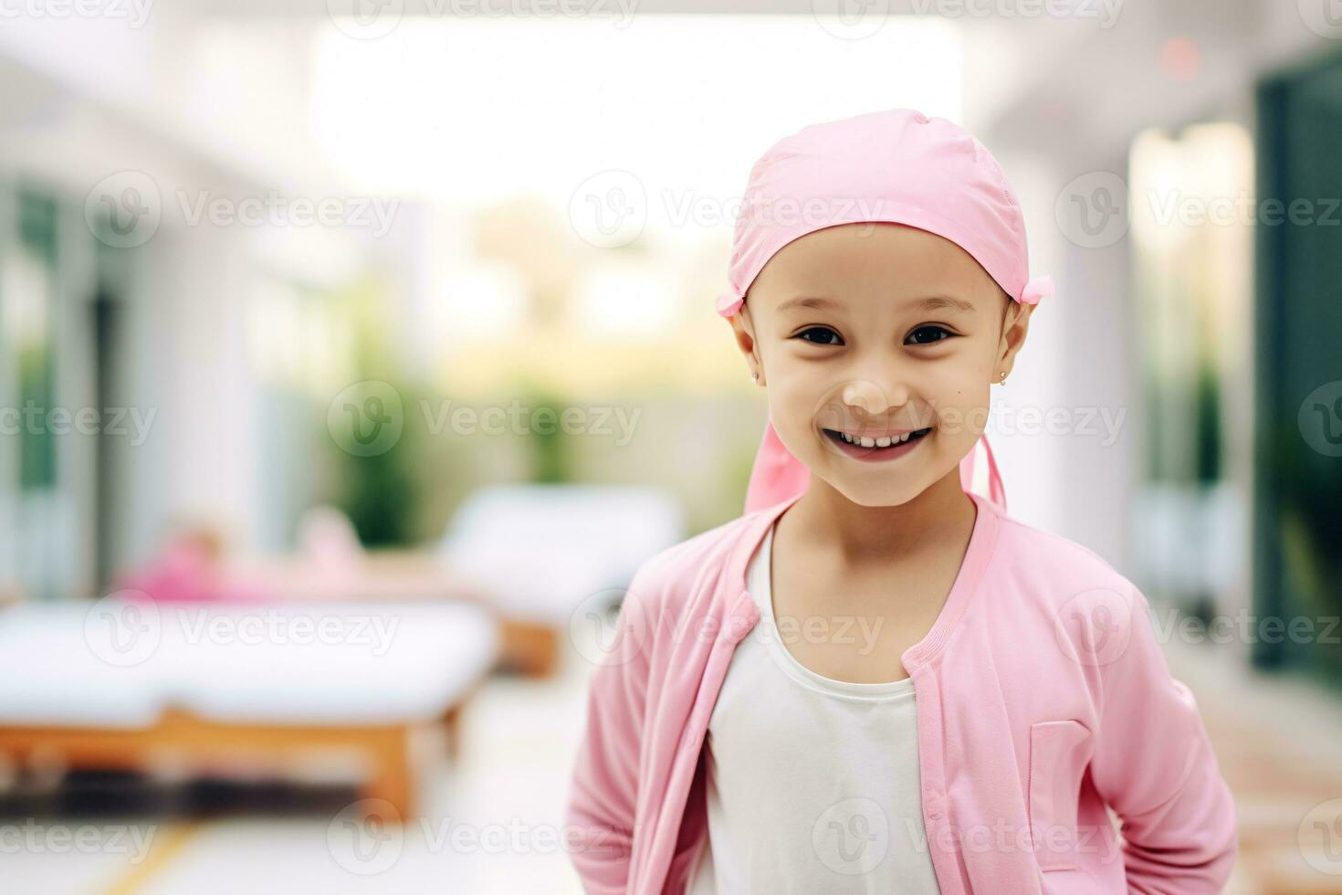 Lycklig cancer patient. leende flicka efter kemoterapi behandling på sjukhus onkologi avdelning. leukemi cancer återhämtning. cancer efterlevande. porträtt leende skallig söt flicka med en rosa huvudduk. foto