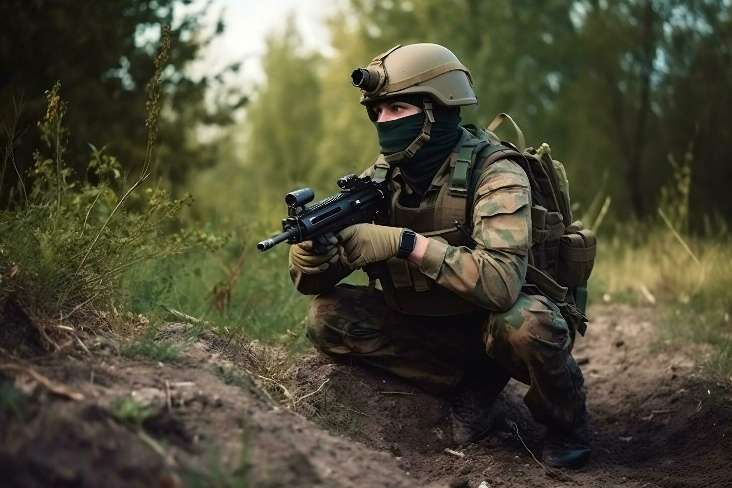 väpnad soldat av de jord militär krafter utforskar de krig zon generativ ai foto