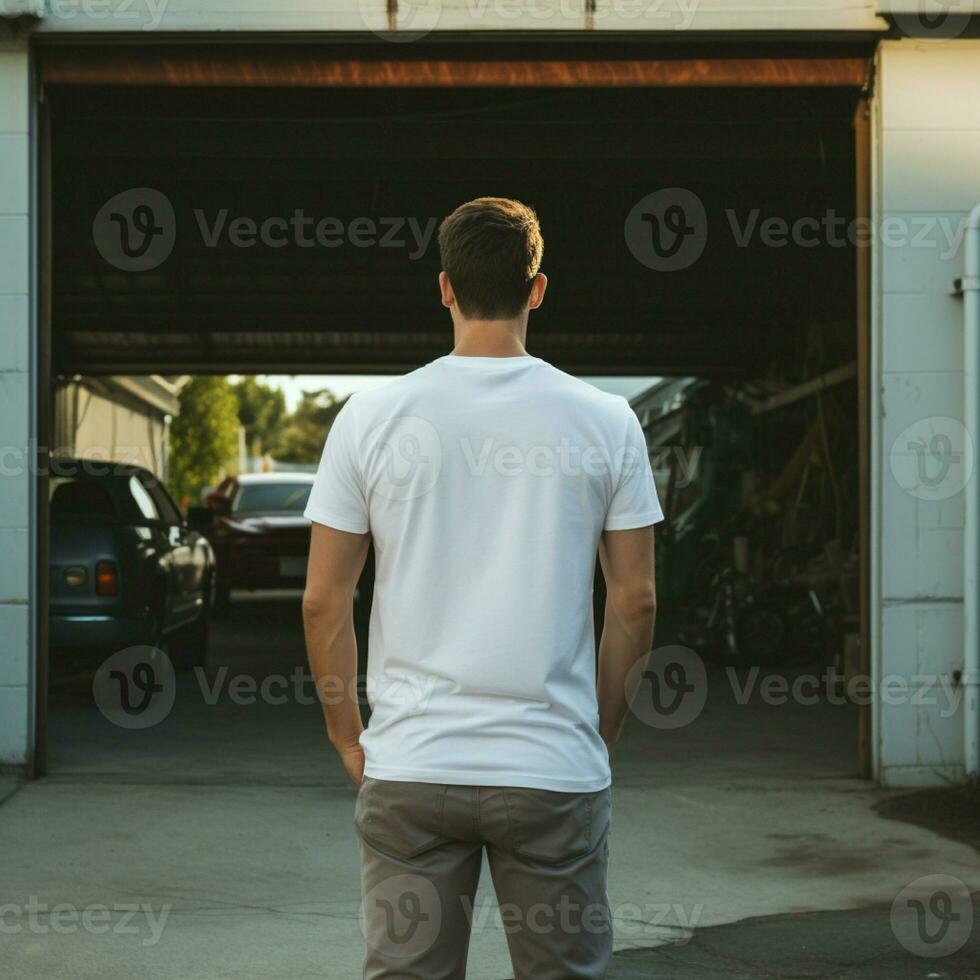 ai generativ en man bär en enkel vit t - skjorta på de garage vänd bakåt, perfekt till skapa tshirt attrapp foto