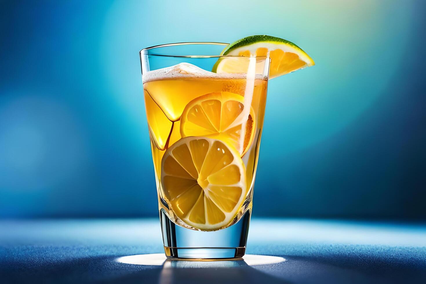 utsökt cocktail i en glas bägare eras med citron- skiva på blå bakgrund ai genererad foto