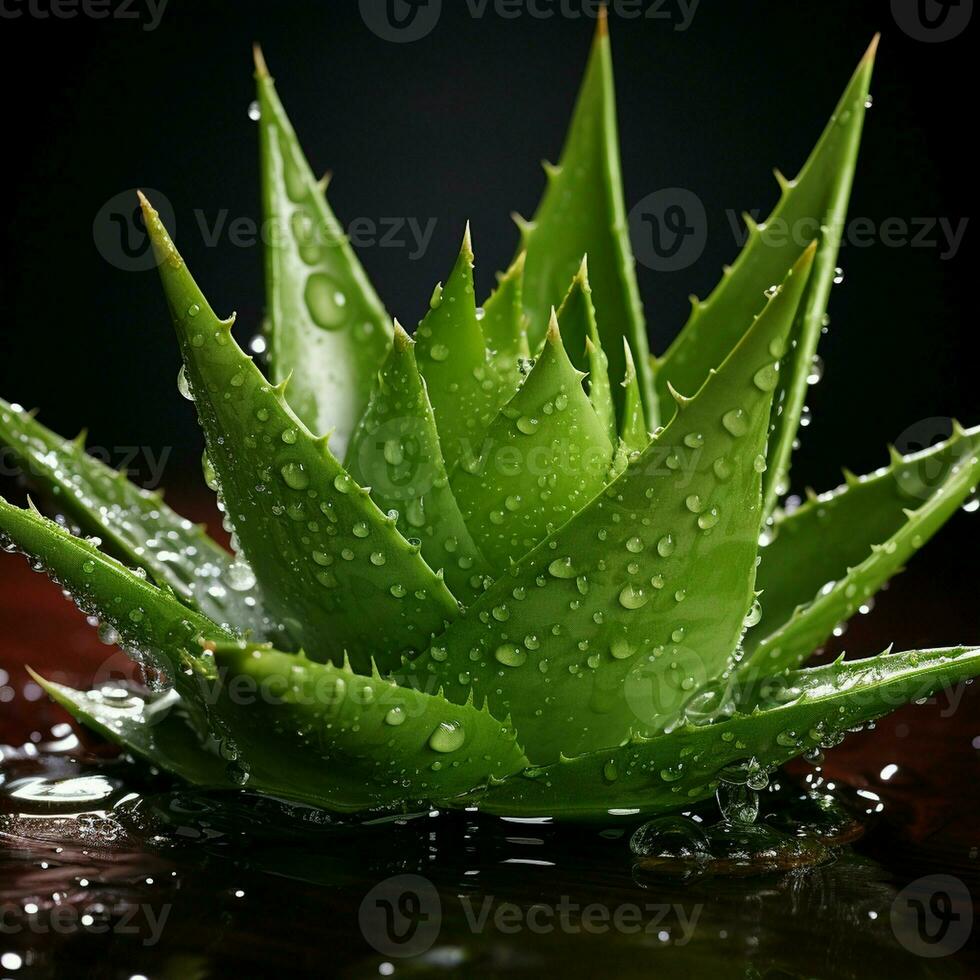 aloe vera, färsk på vit eller grön bakgrund med vatten droppar nål skarp, taggig dryck blad stänga upp löv kronblad generativ ai foto