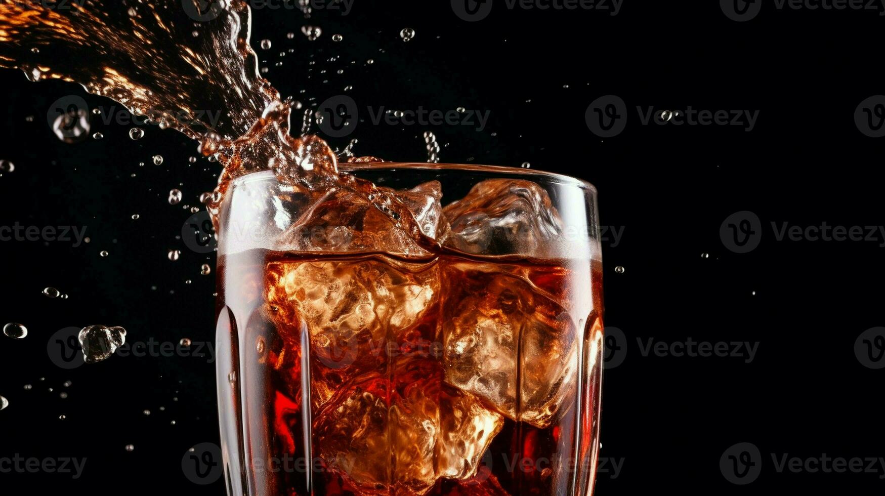 inuti en glas av Coca Cola, is kuber bubbla som de uppfriskande dryck häller i. foto