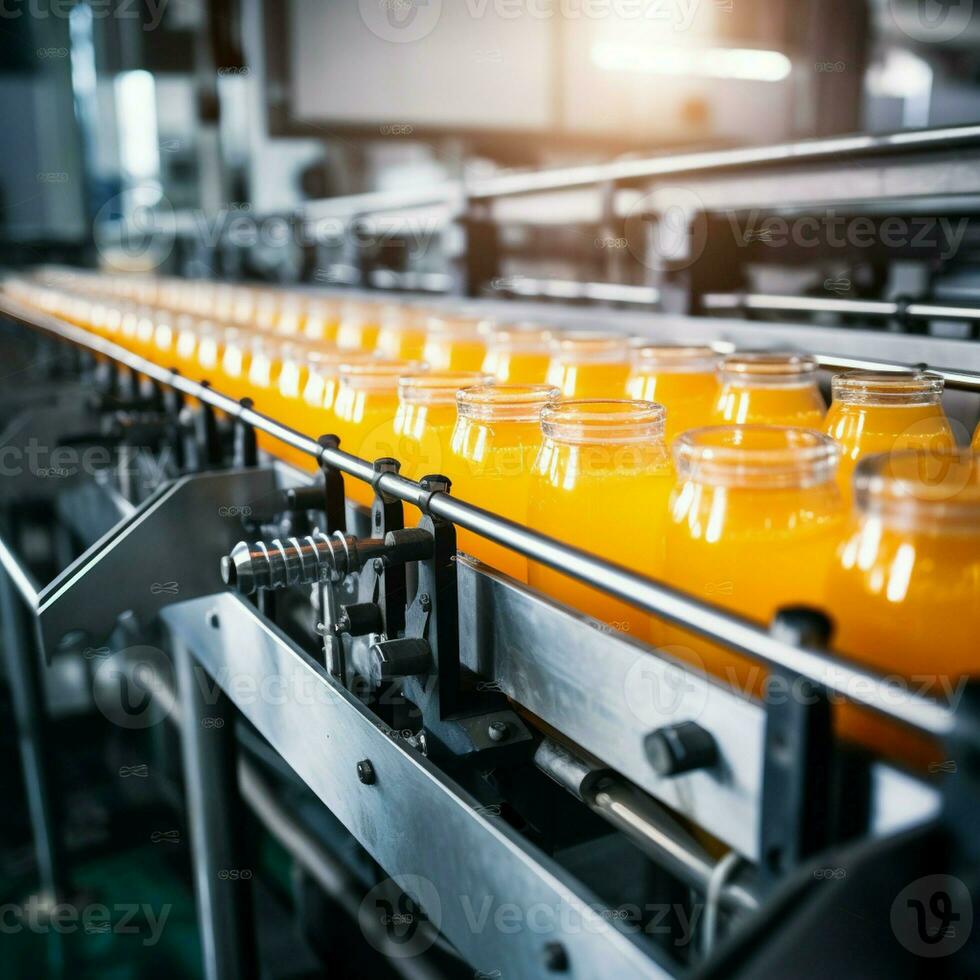 dryck fabrik produktion linje frukt juice dryck produkt på transportband bälte foto