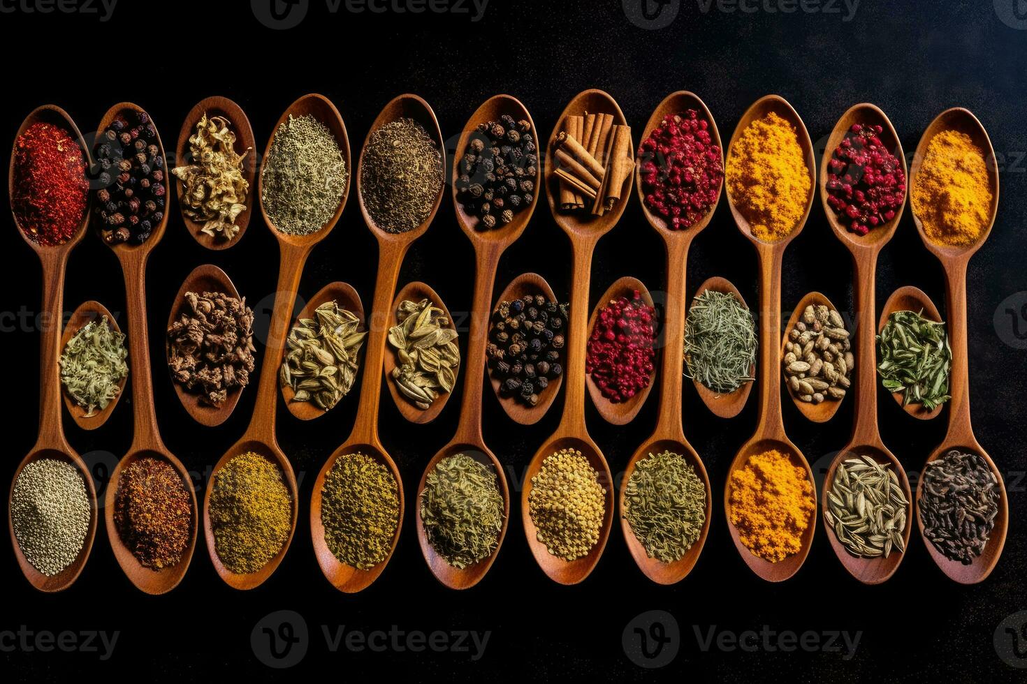 de konst av krydda - en fantastisk fortfarande liv av färgrik kryddor och örter på en svart bakgrund - ai genererad foto