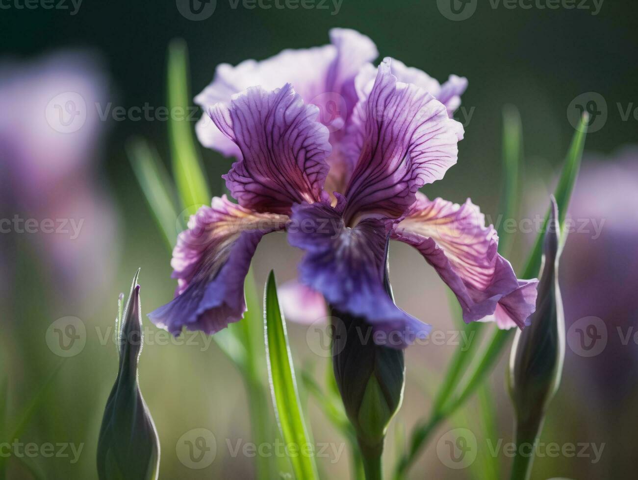 bokeh skönhet - en grund djup av fält makro skott av en lila iris - ai genererad foto