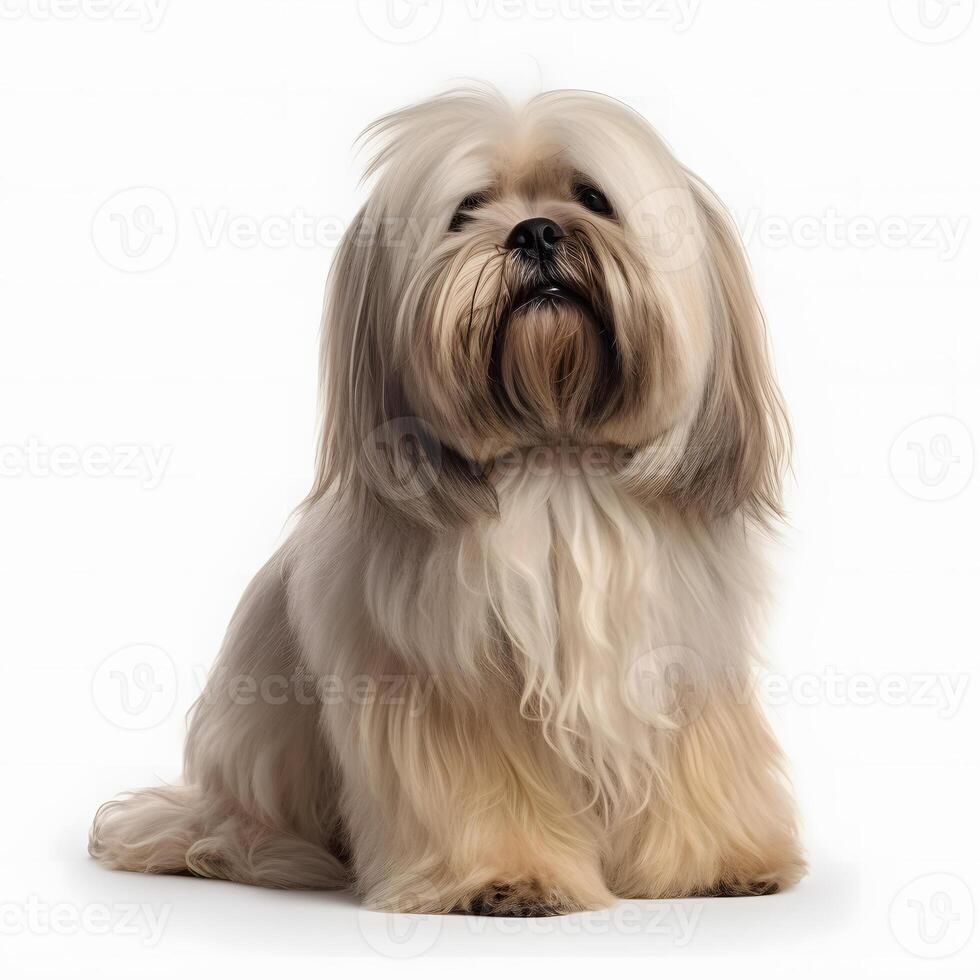 ai generativ lhasa apso ras hund isolerat på en ljus vit bakgrund foto