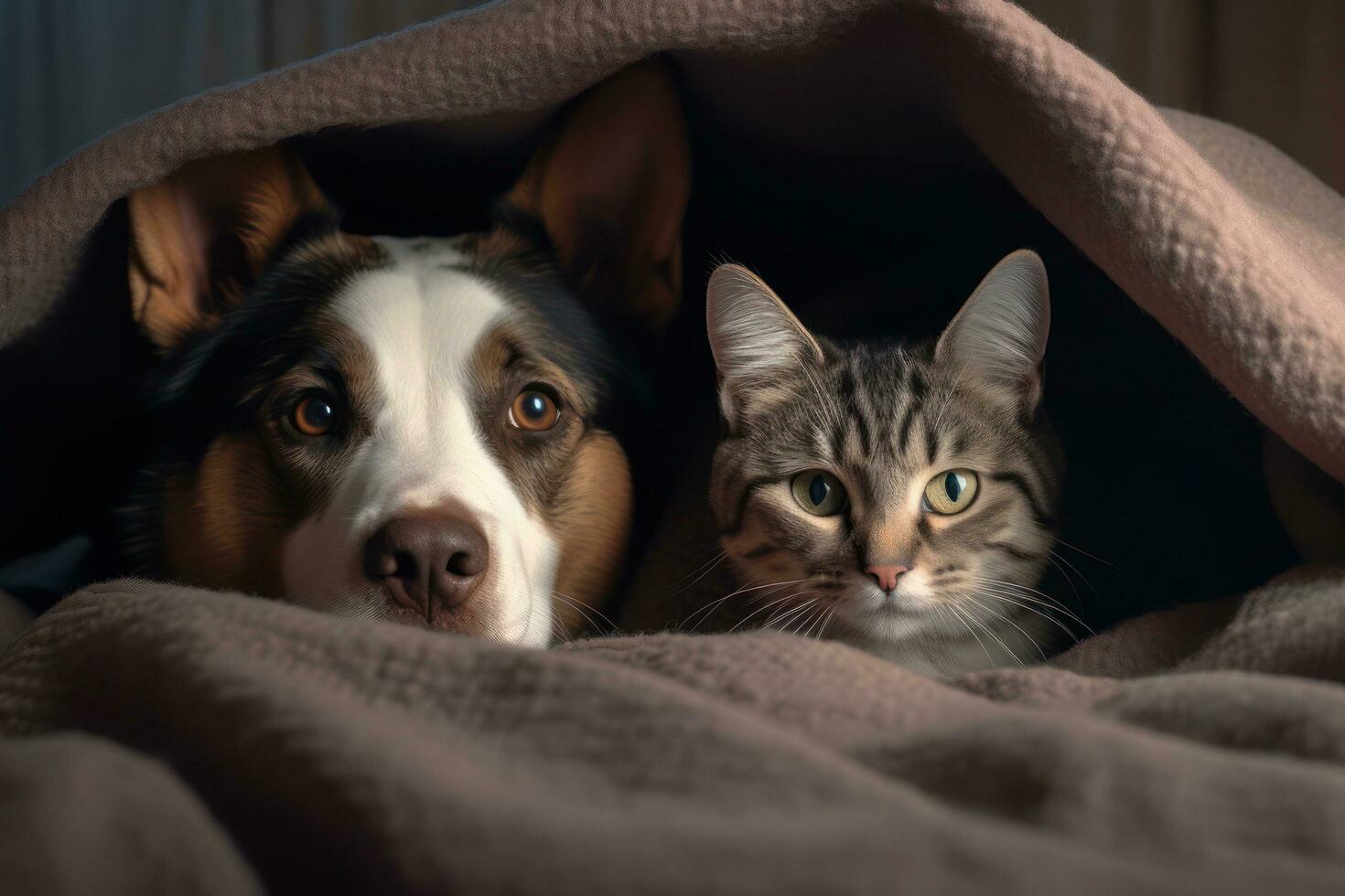 en hund och katt under en filt ai genererad foto