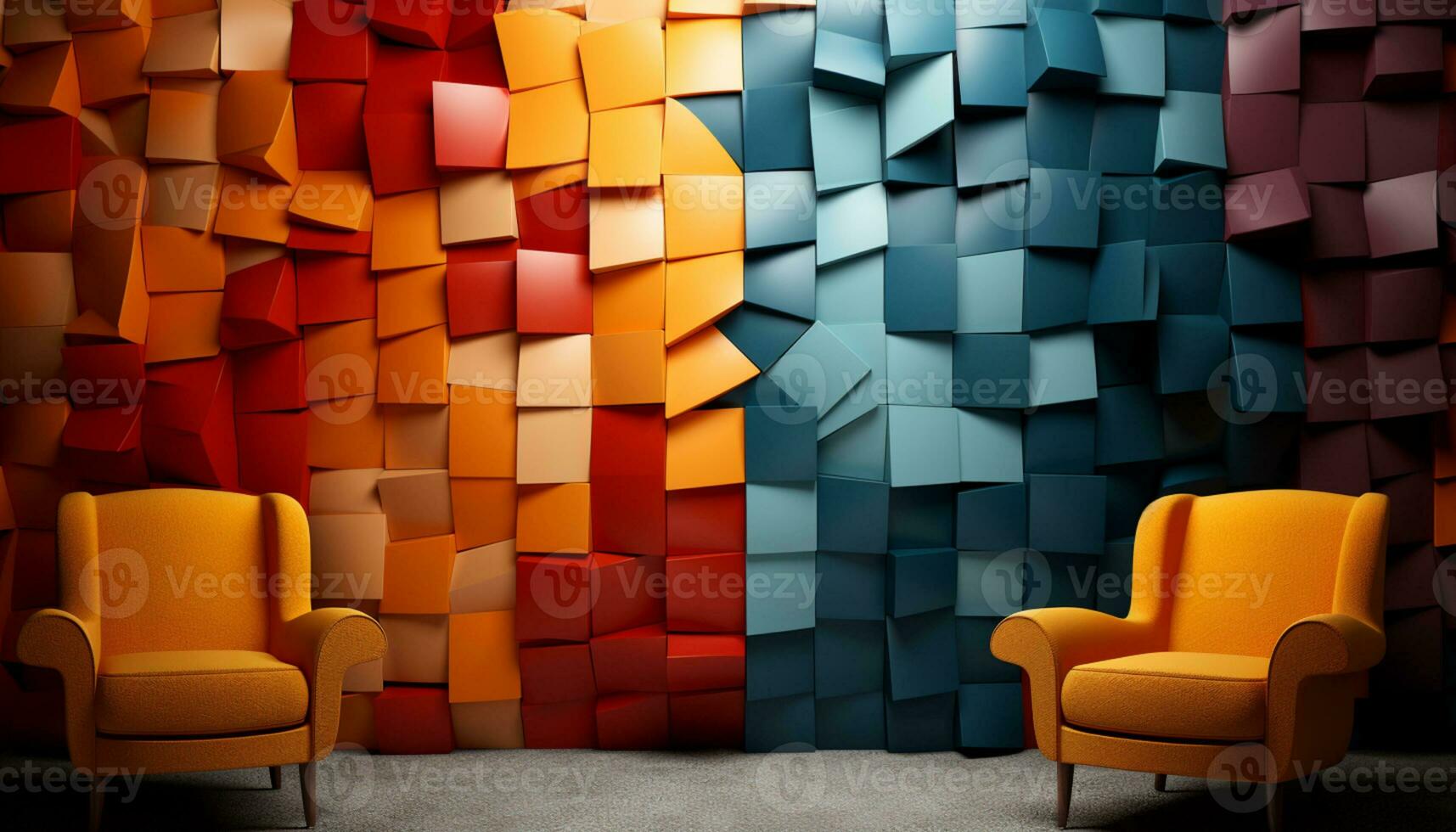 abstrakt uttryck - geometrisk vägg med lutning färger och orange fåtöljer. geometrisk konst - vibrerande nyanser och virvlande former med orange fåtöljer. generativ ai, foto