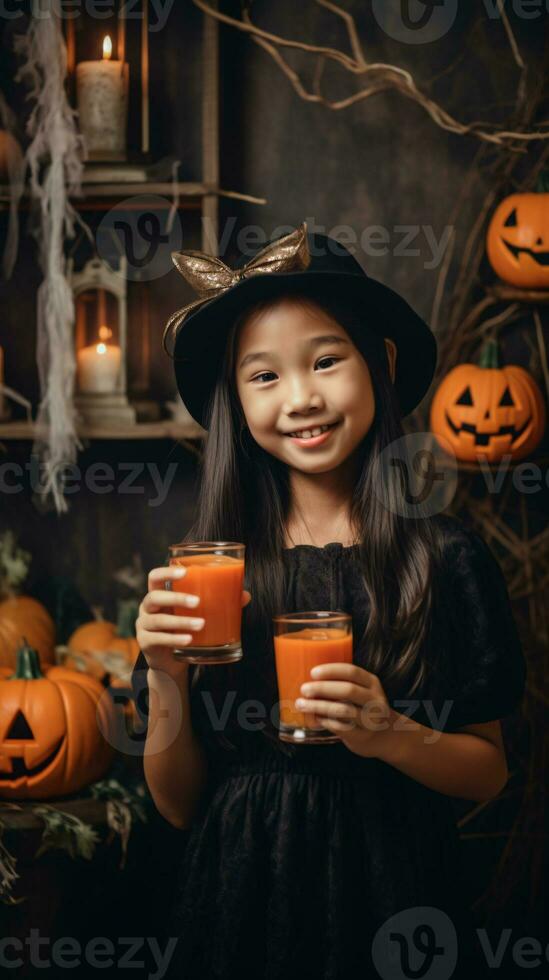 ung flicka innehav glasögon av orange juice på bakgrund med läskigt halloween dekoration. skapas med generativ ai teknologi foto